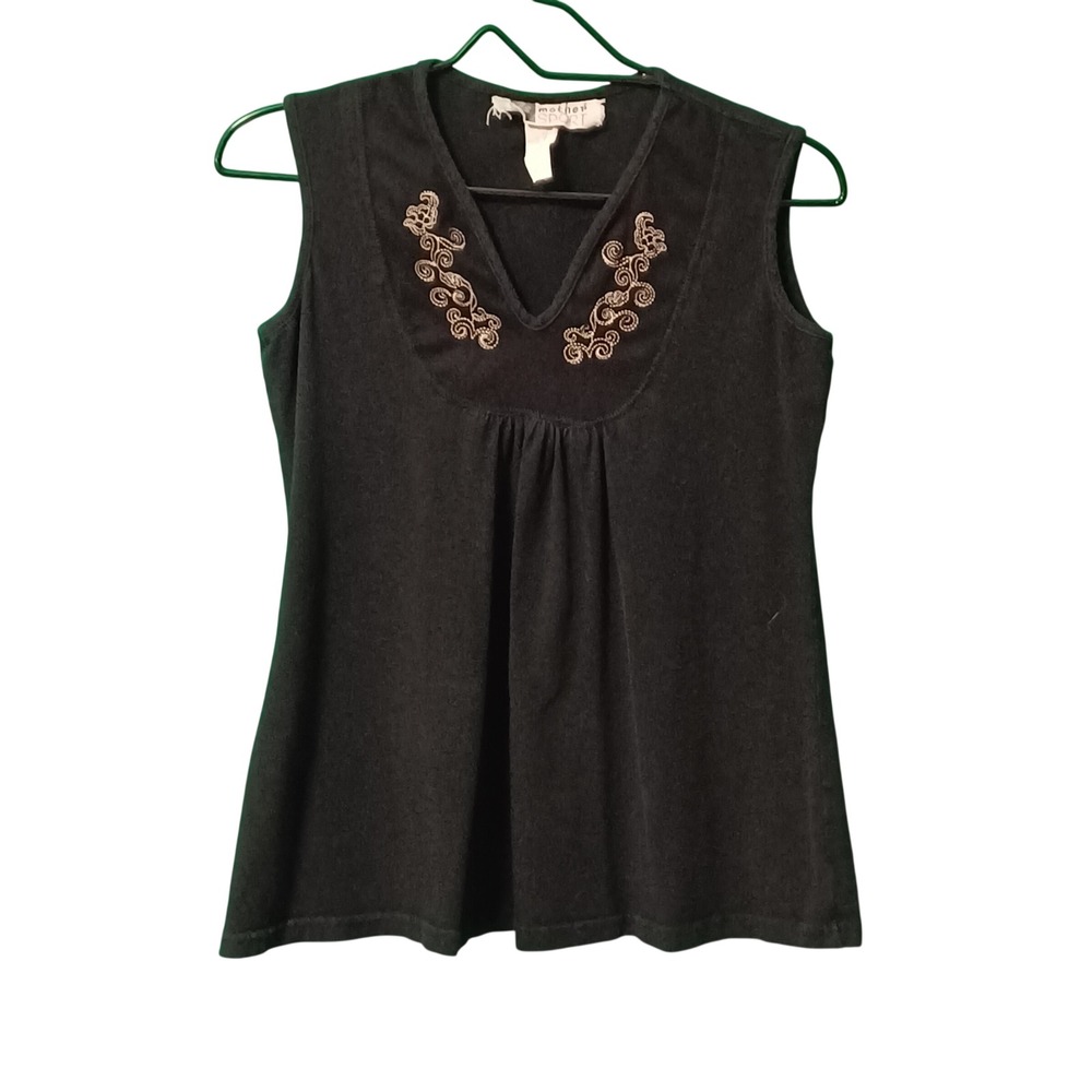 Mother Sport Womens Black Embroidered V-Neck Sleeveless Empire Waist Top Small